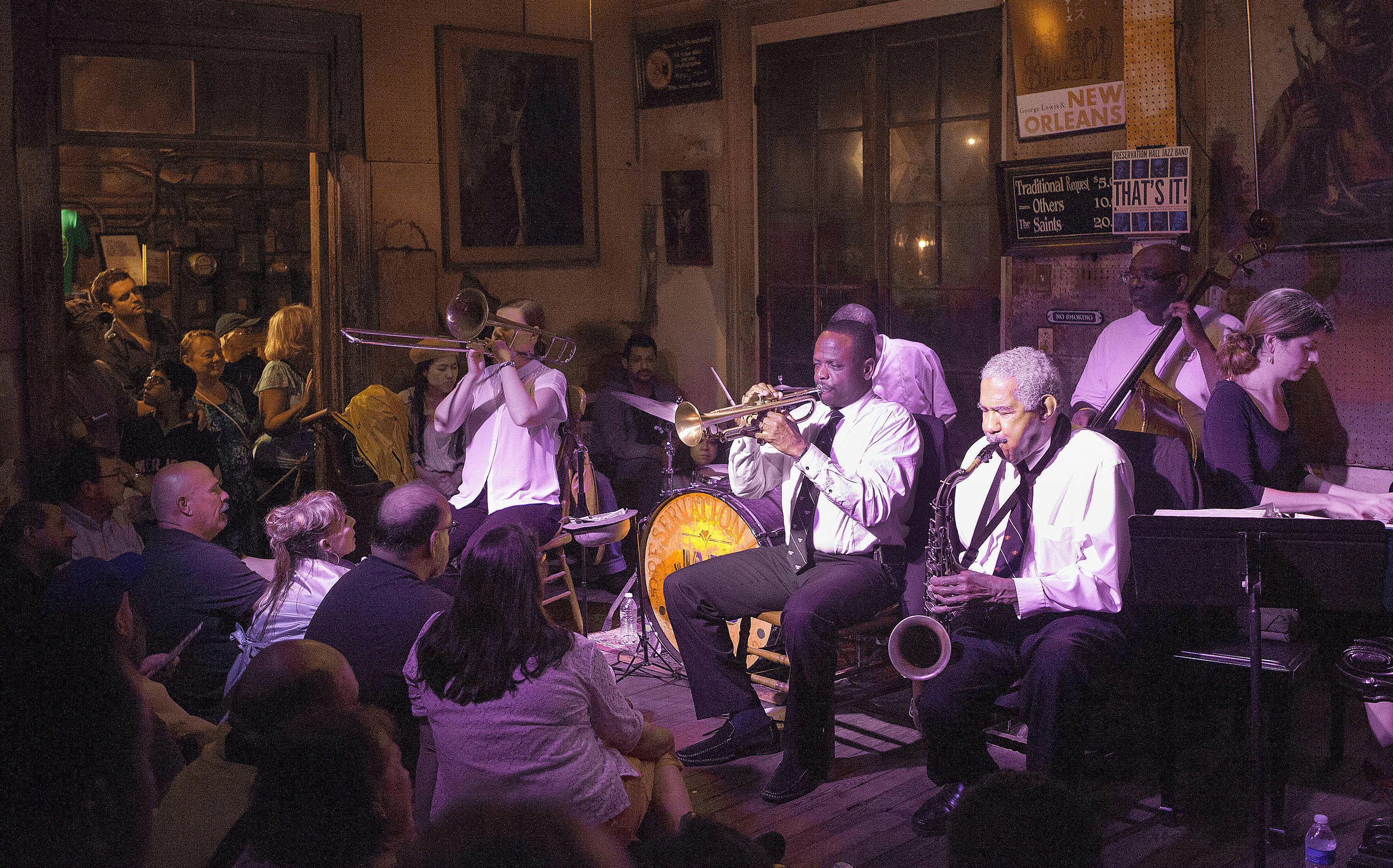 Jazz band performing at Preservation Hall in New Orleans.
