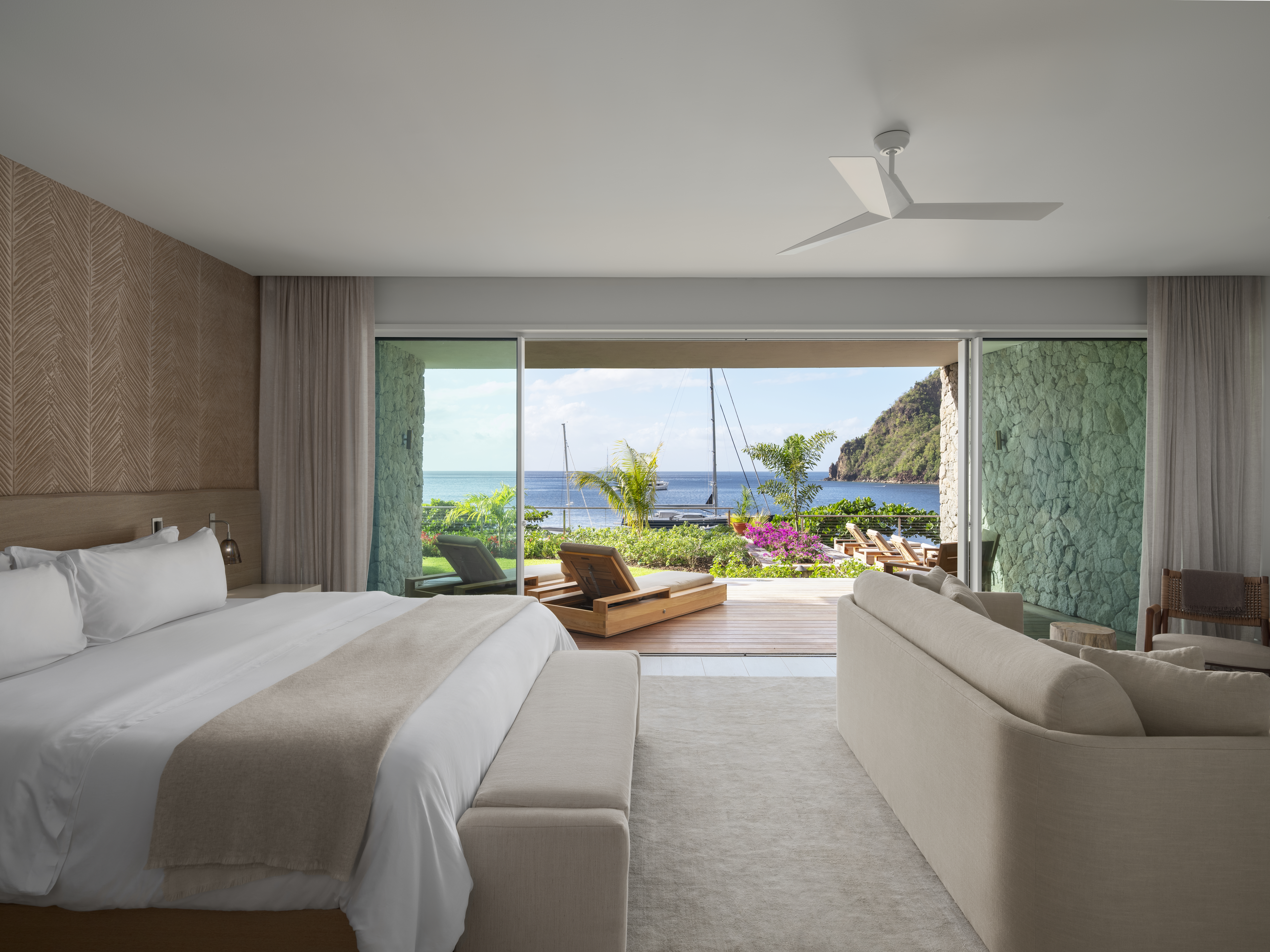 Ocean view bedroom suite at the Spice of Life Hotel in St. Lucia.