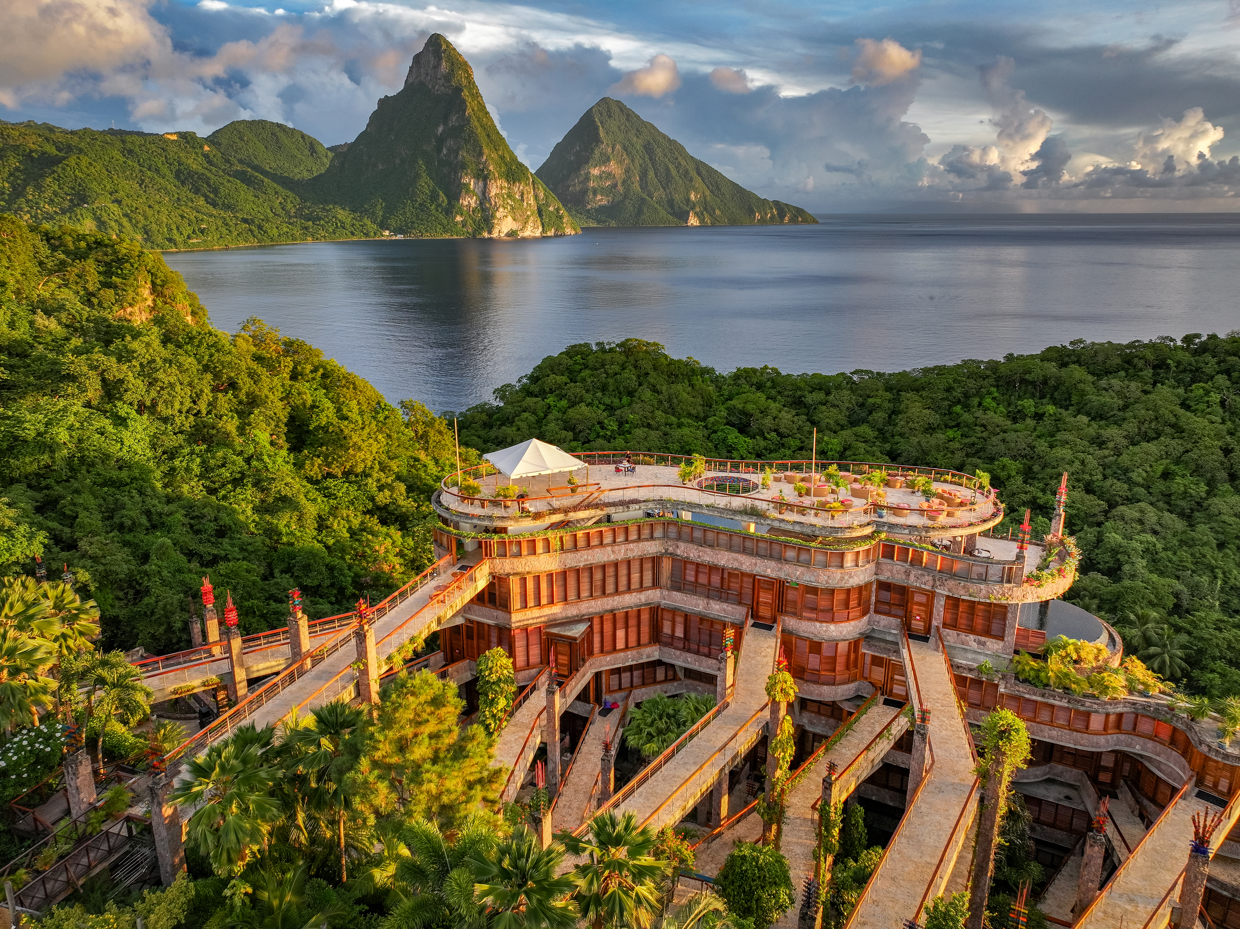 Aerial view of Jade Mountain resort in St. Lucia.