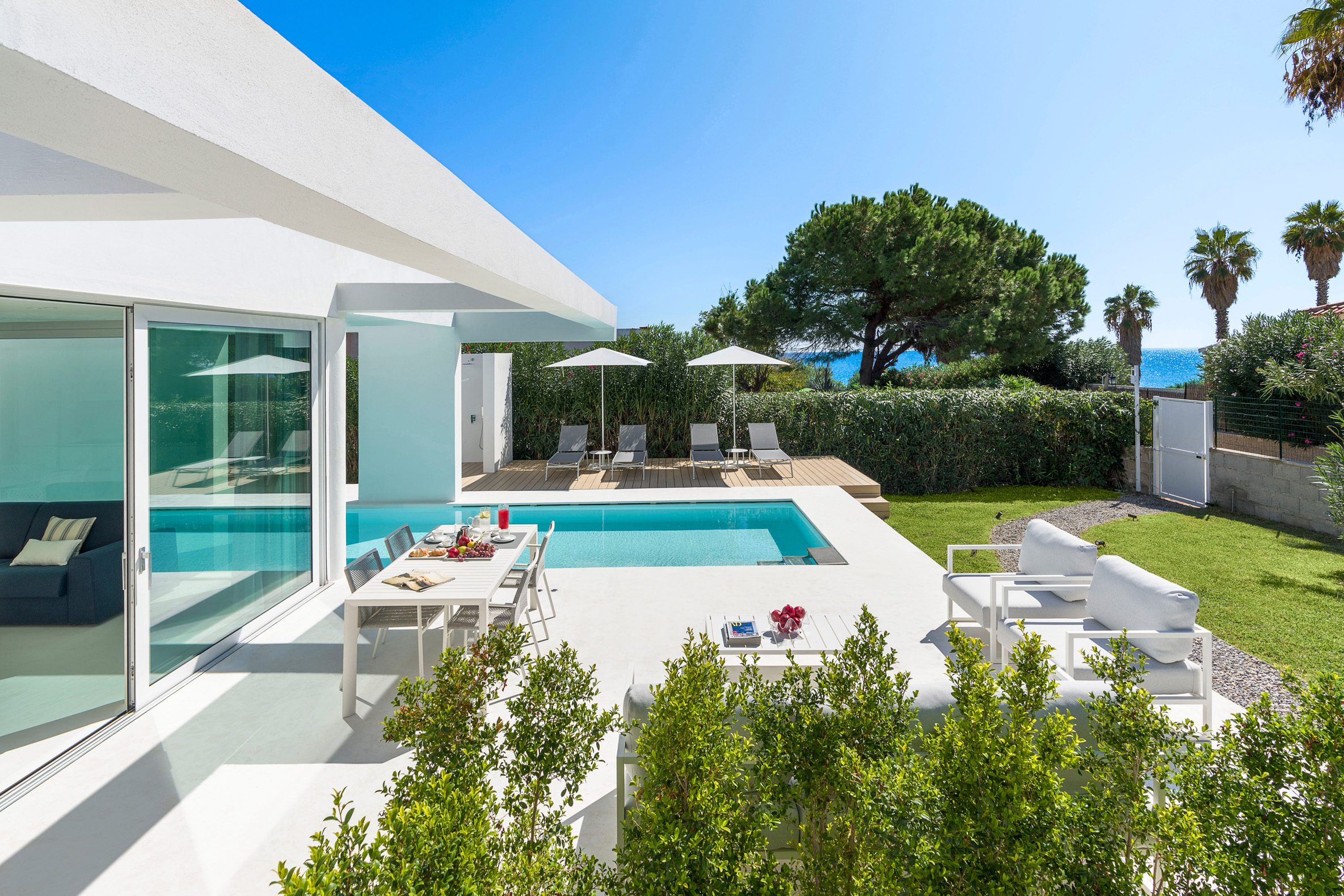 Modern design around the outdoor pool at Villa Gadir, Siracusa, Sicily, one of the best villas in Italy with a pool