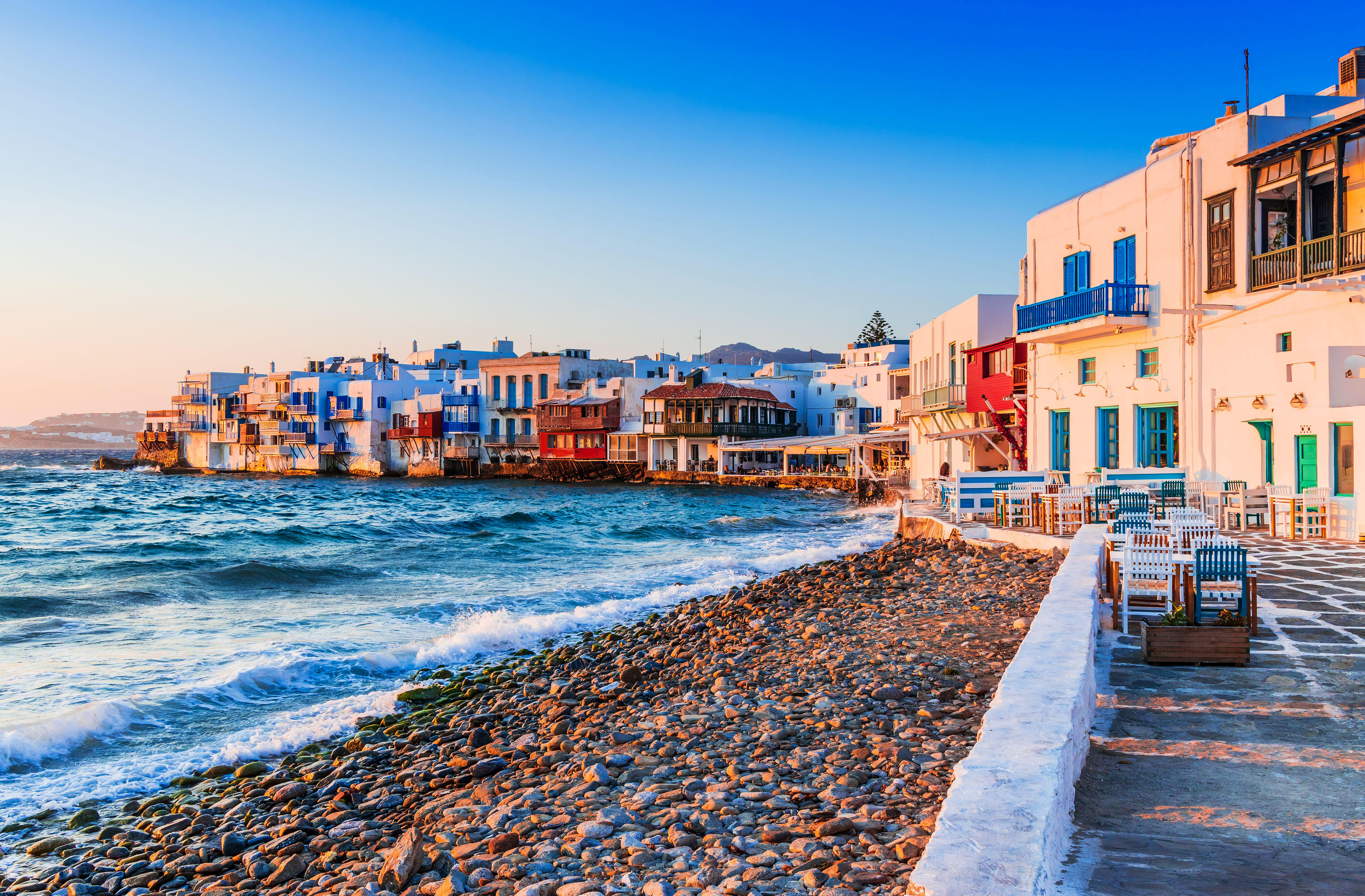Sun-drenched beaches of Mykonos, Greece.