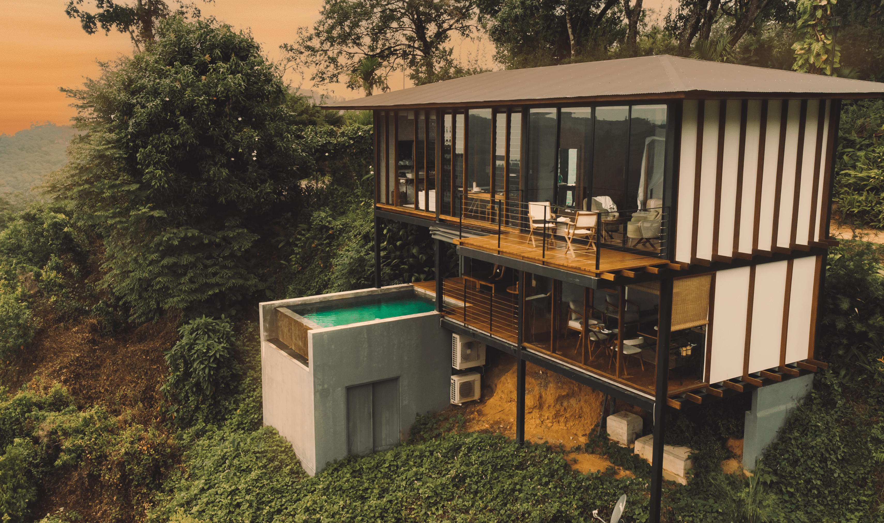 Modern house with infinity pool overlooking a forest.